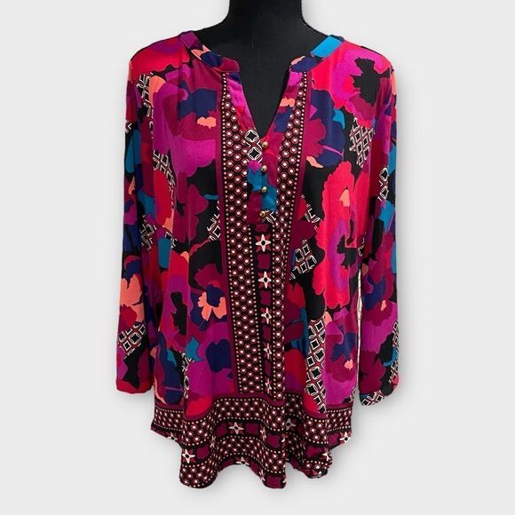 Dana Buchman Pink Floral and Geometrical Print Top Size L - Picture 2 of 6